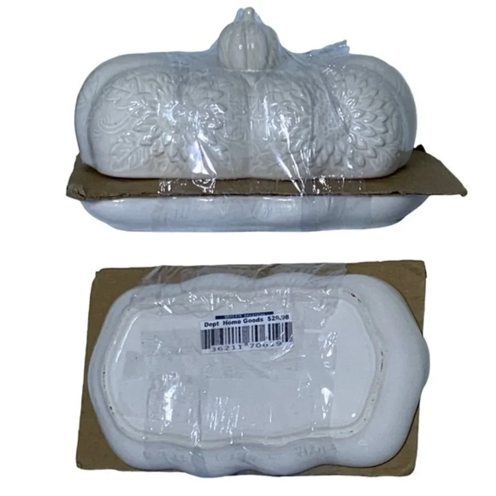 Harvest Pumpkin Covered Butter Dish With Lid Large Ceramic Floral White Cream